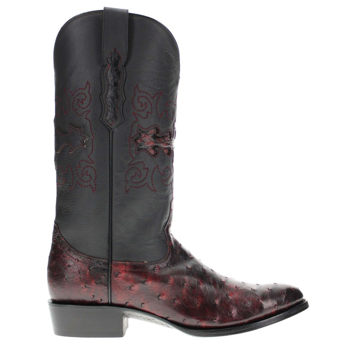 Mens black leather western boots with round toe and decorative stitching, featuring full-quill ostrich leather on the foot for added texture.