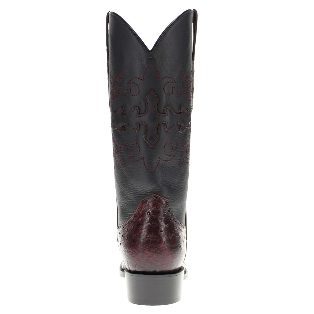 Mens black leather western boots with round toe and decorative stitching, featuring full-quill ostrich leather on the foot for added texture.