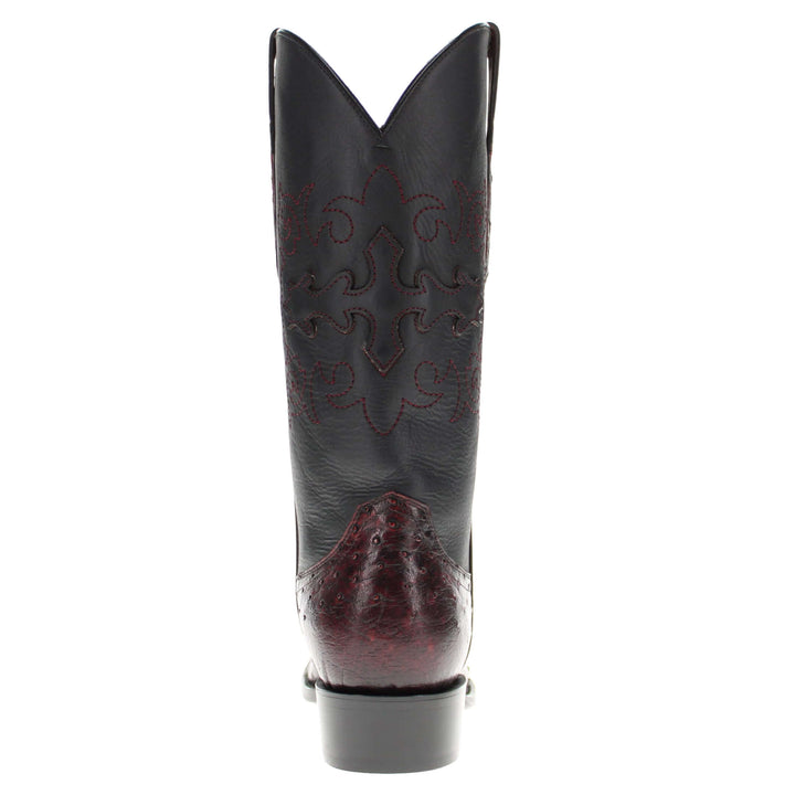 Mens black leather western boots with round toe and decorative stitching, featuring full-quill ostrich leather on the foot for added texture.
