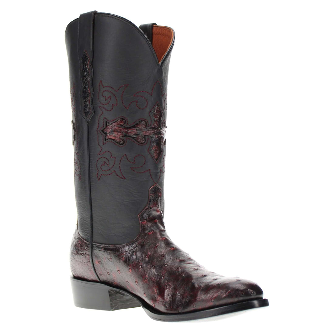 Mens black leather western boots with round toe and decorative stitching, featuring full-quill ostrich leather on the foot for added texture.