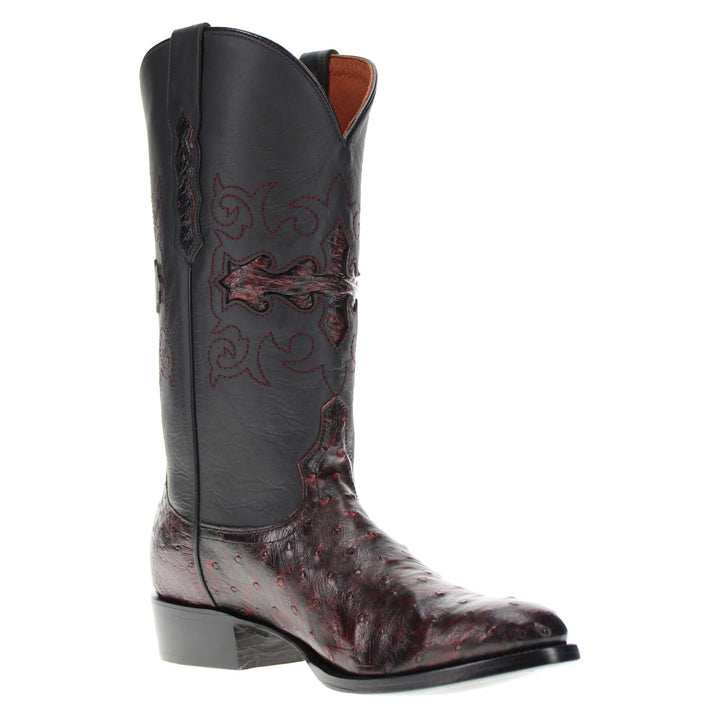 Mens black leather western boots with round toe and decorative stitching, featuring full-quill ostrich leather on the foot for added texture.