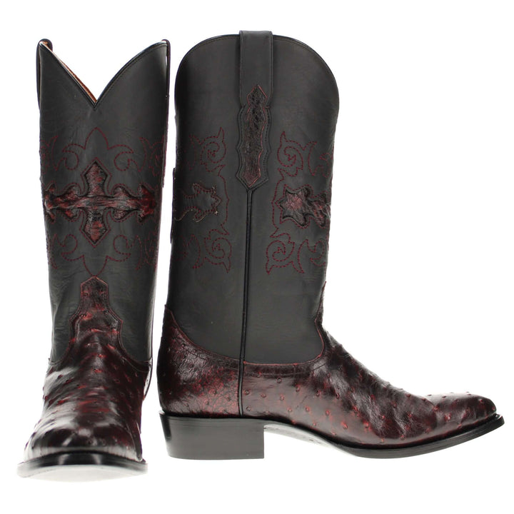Mens black leather western boots with round toe and decorative stitching, featuring full-quill ostrich leather on the foot for added texture.