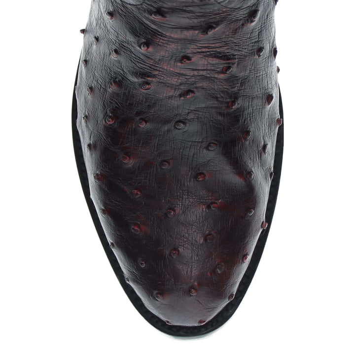 Mens black leather western boots with round toe and decorative stitching, featuring full-quill ostrich leather on the foot for added texture.