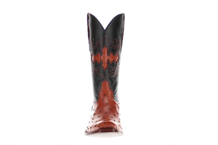 Mens congac leather western boots with narrow square toe and decorative stitching, featuring full-quill ostrich leather on the foot for added texture.