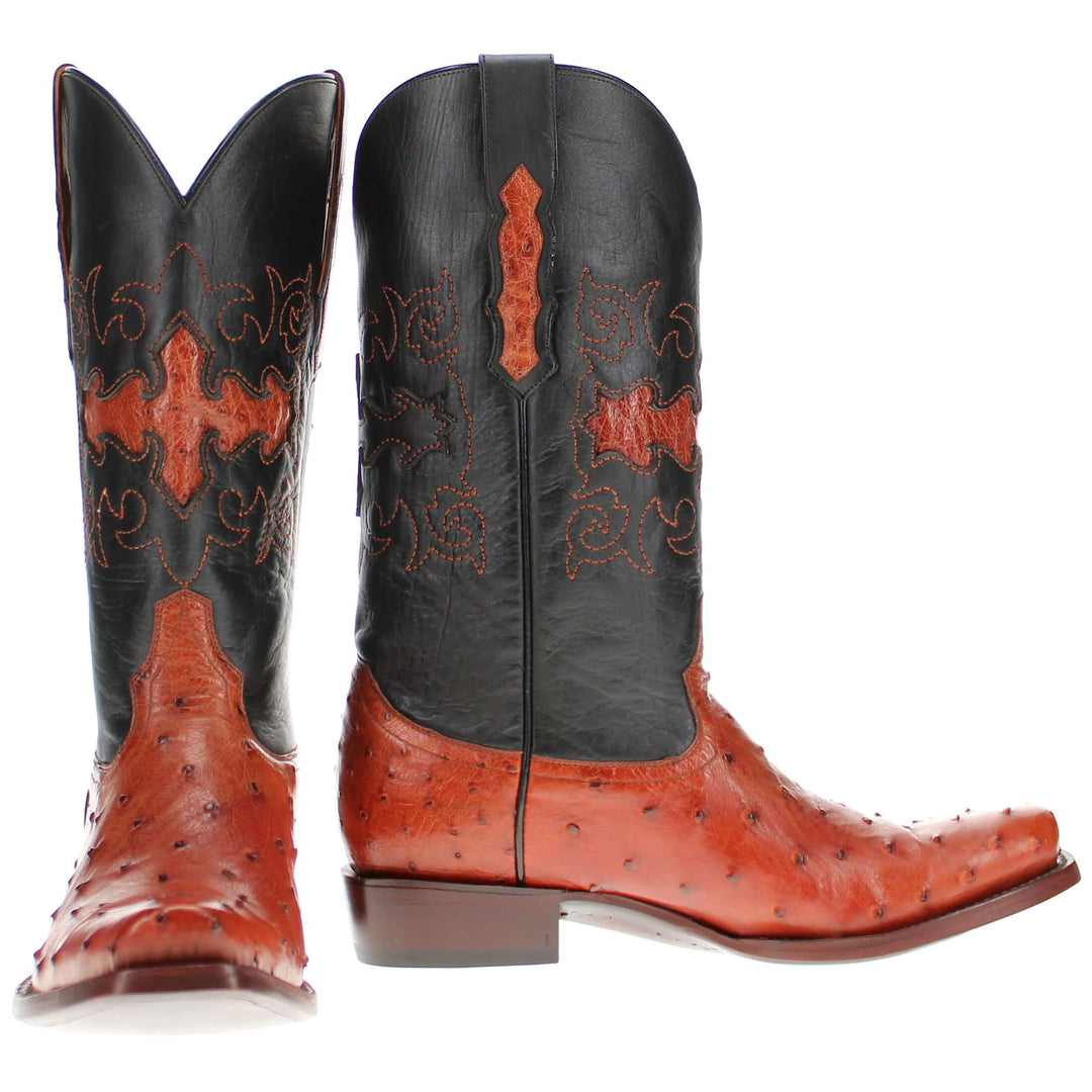 Mens Vaccari congac leather western boots with narrow square toe and decorative stitching, featuring full-quill ostrich leather on the foot for added texture.