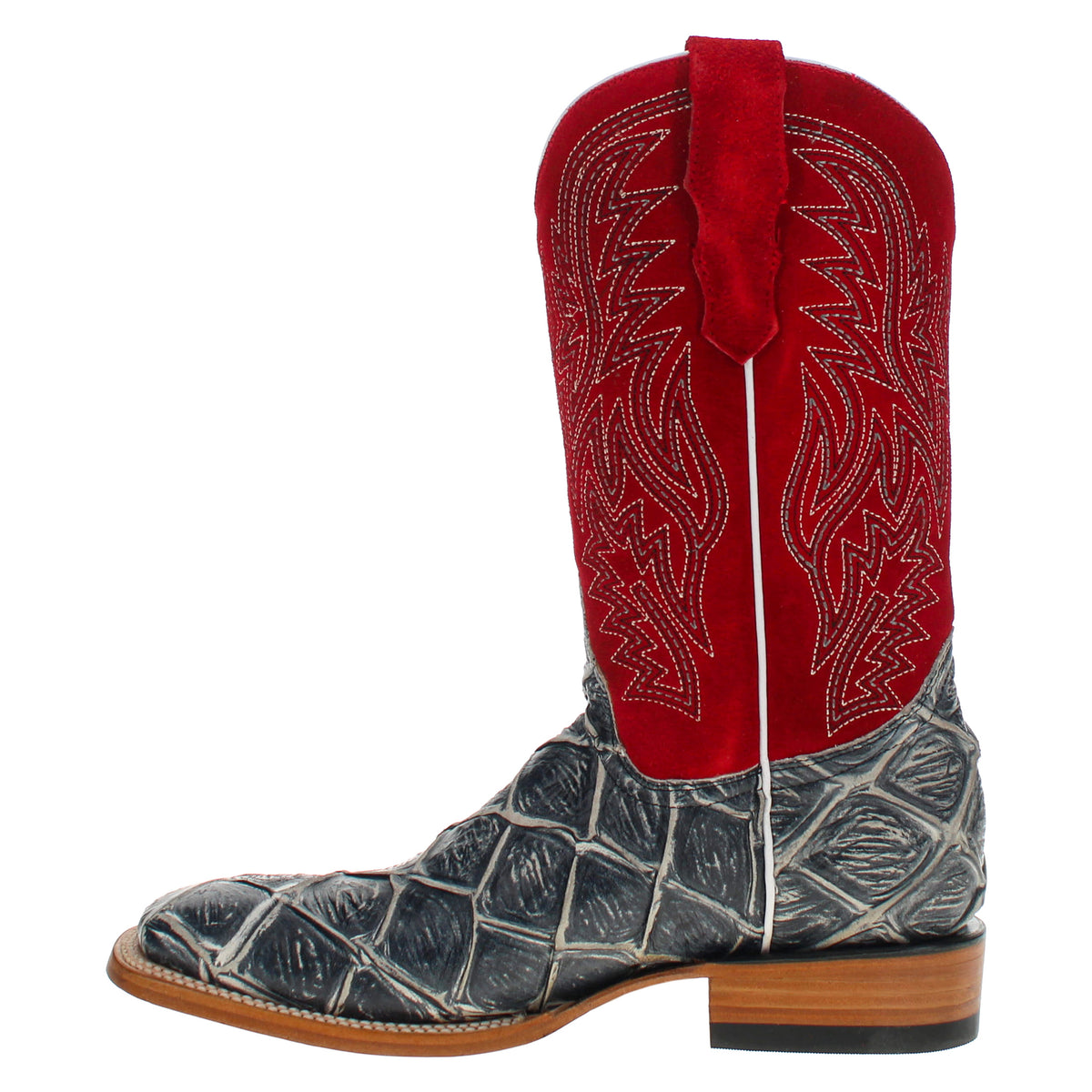 Red cowboy boot with gray embossed lower, stitched side details, and low stacked heel