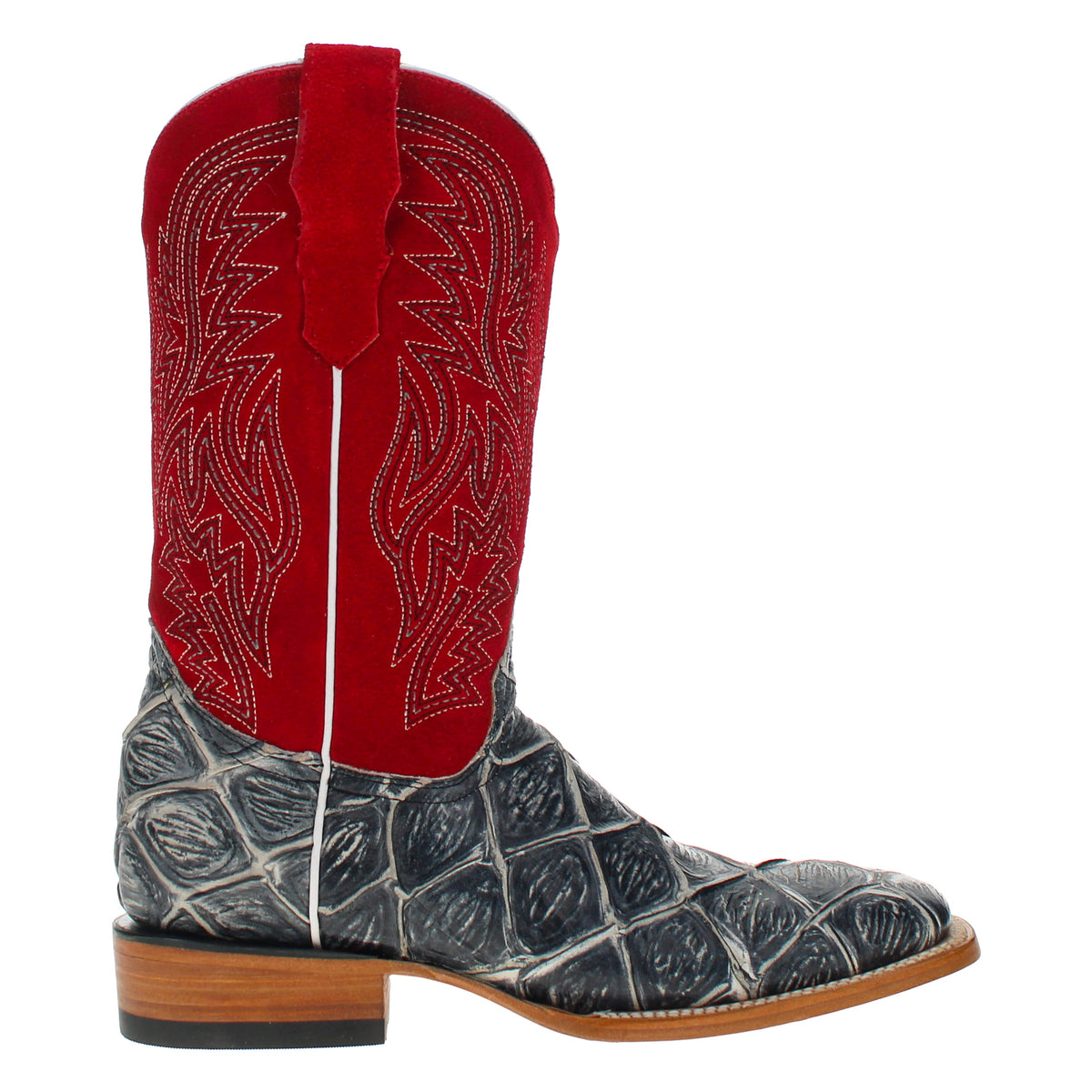 Red cowboy boot with gray embossed foot, tall red shaft, and stitched ornamental pattern