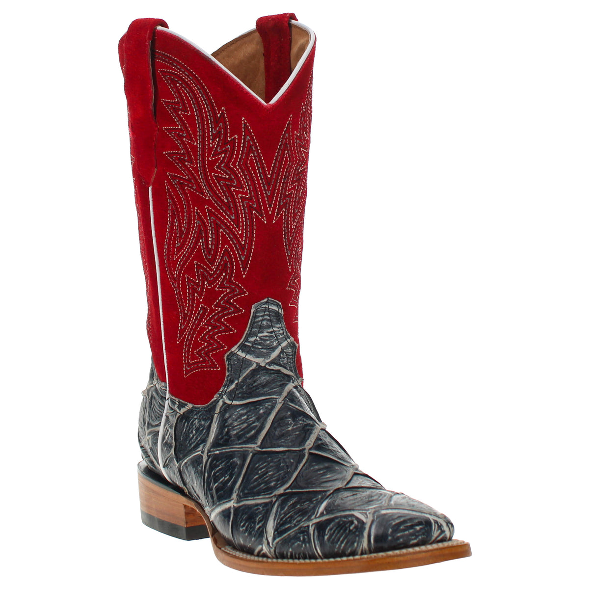 Red suede-style cowboy boot with gray embossed toe and heel, tan sole and stitching