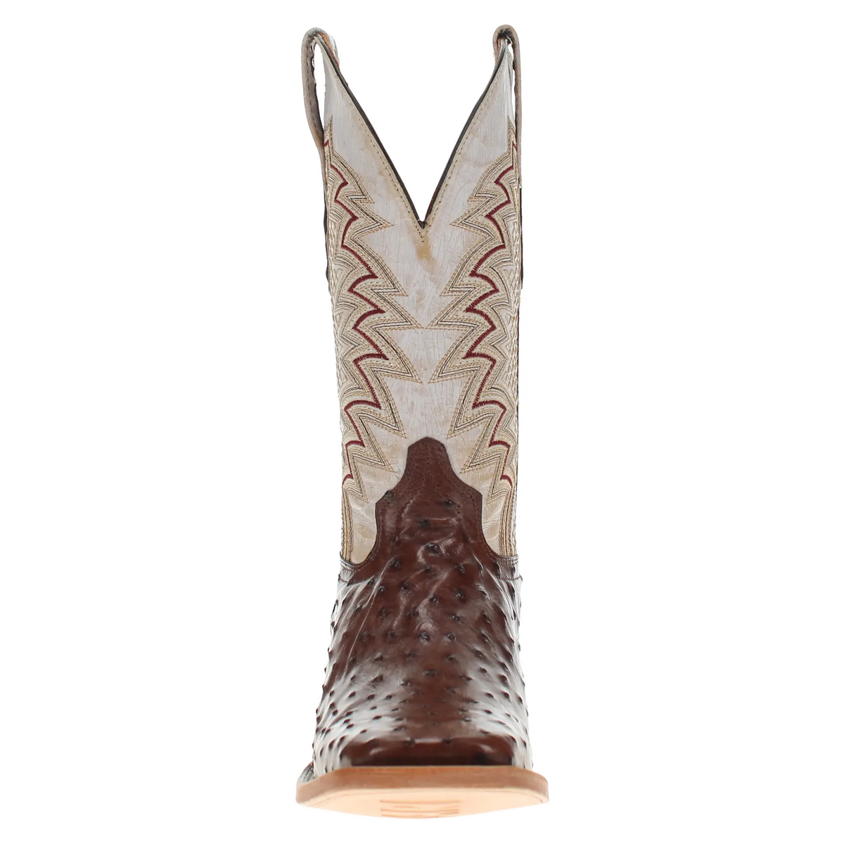 Western boots with cream embroidered upper, brown shaft panel, light wood outsole