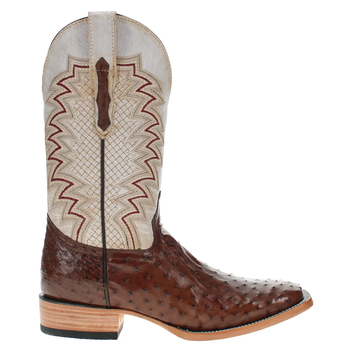 Western boots with cream embroidered upper, brown toe and side panels, block heel