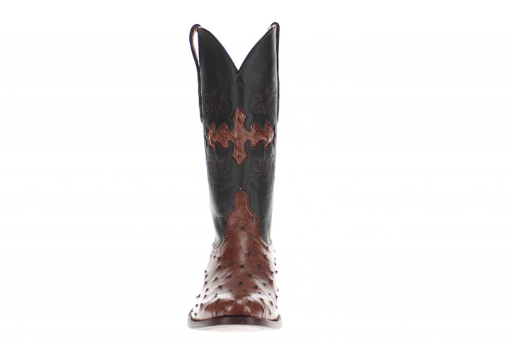 Mens mocha leather western boots with round toe and decorative stitching, featuring full-quill ostrich leather on the foot for added texture.