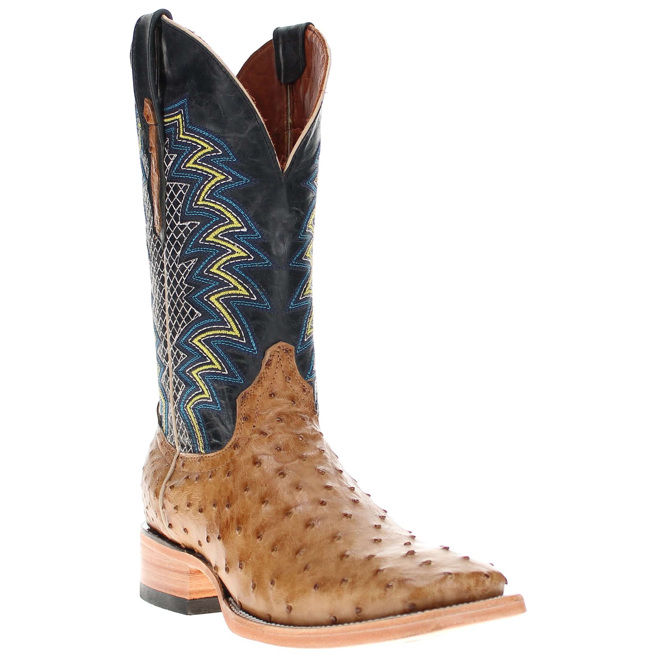 Mens Vaccari Saddle Tan Full Quill Ostrich Broad Square Toe Boots