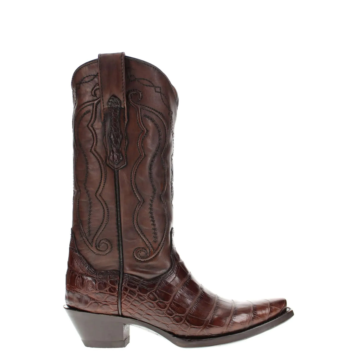 mocha alligator belly cowboy boot with detailed stitched shaft