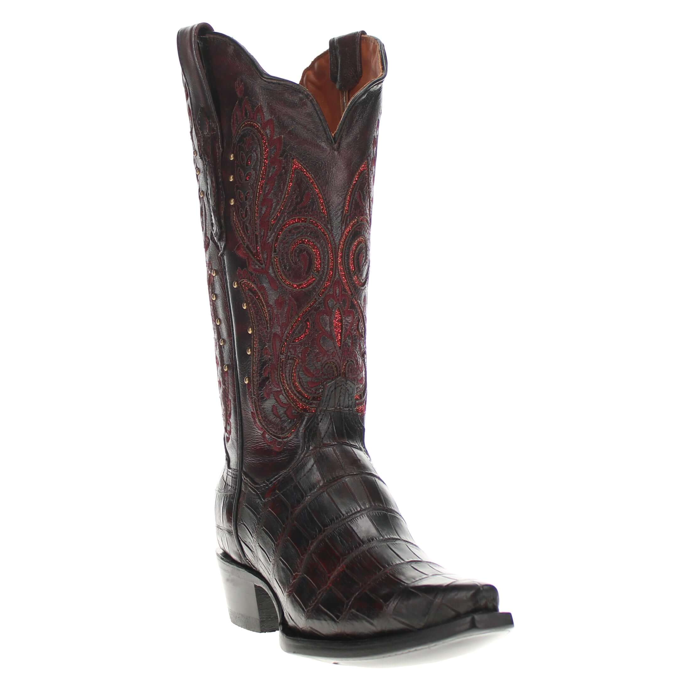 Women's Black Cherry American Alligator Belly Boots with Inlays by Vaccari