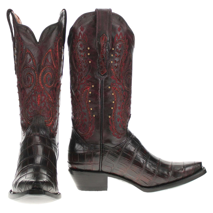Women's Black Cherry American Alligator Belly Boots with Inlays by Vaccari