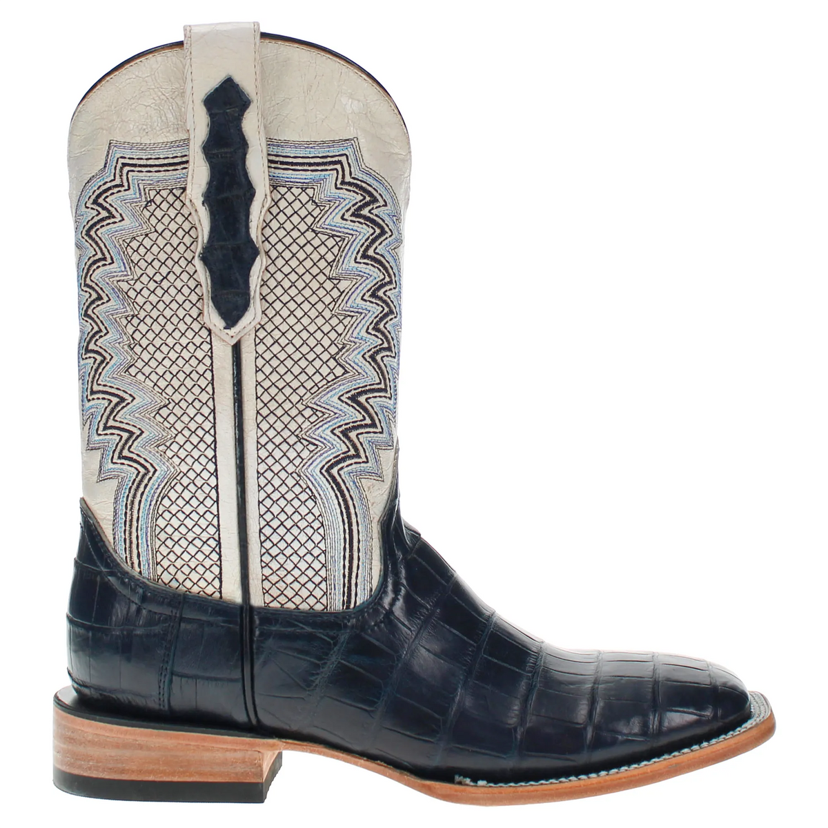 Western cowboy boot with cream vamp and blue zigzag inlays, black toe and shaft