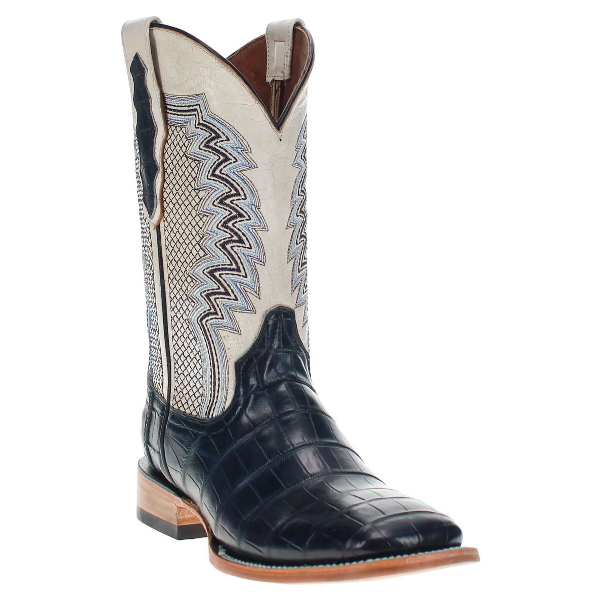Western cowboy boot side view with cream shaft, blue zigzag trim, black foot