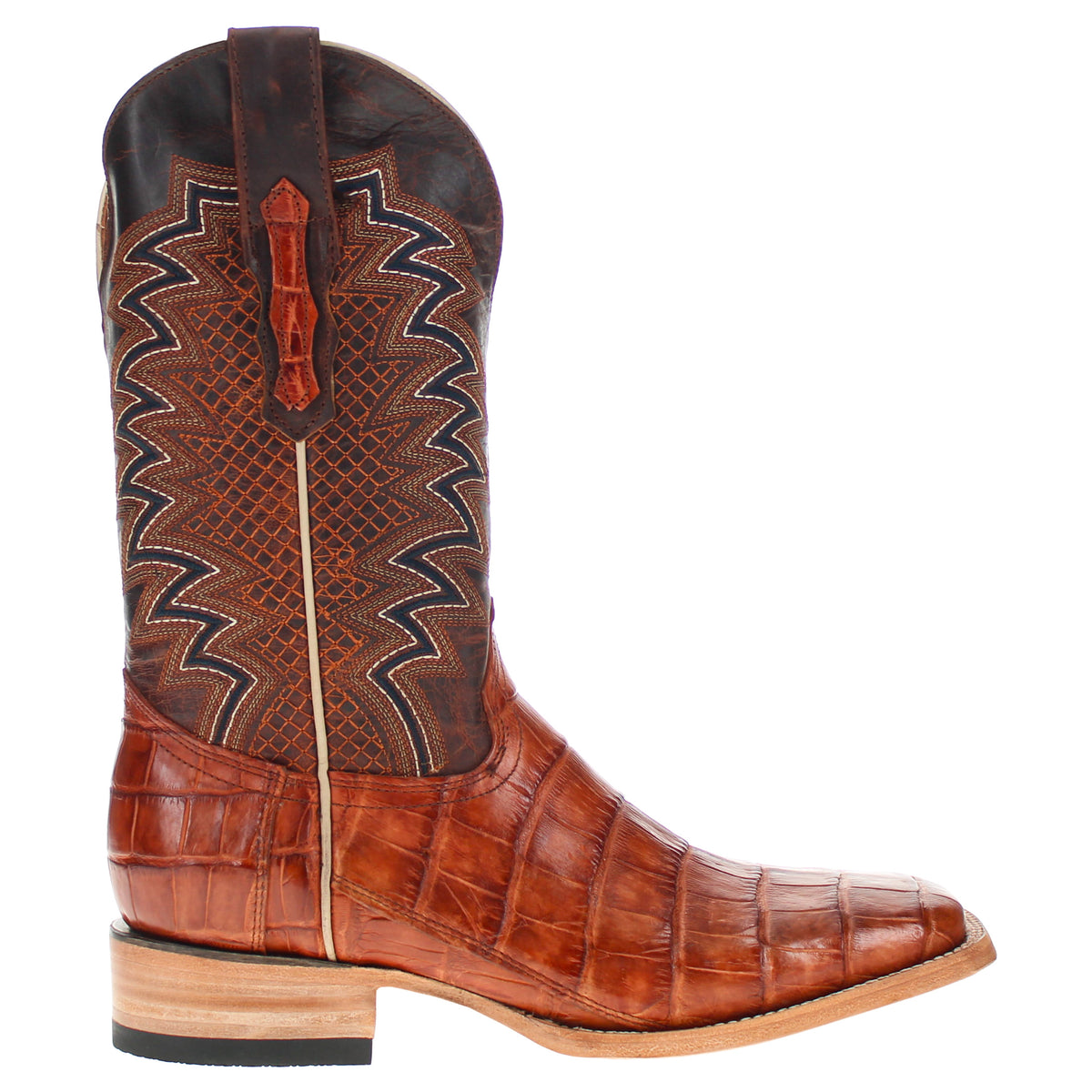Brown pull-on cowboy boot with western zigzag embroidery, textured leather and low heel