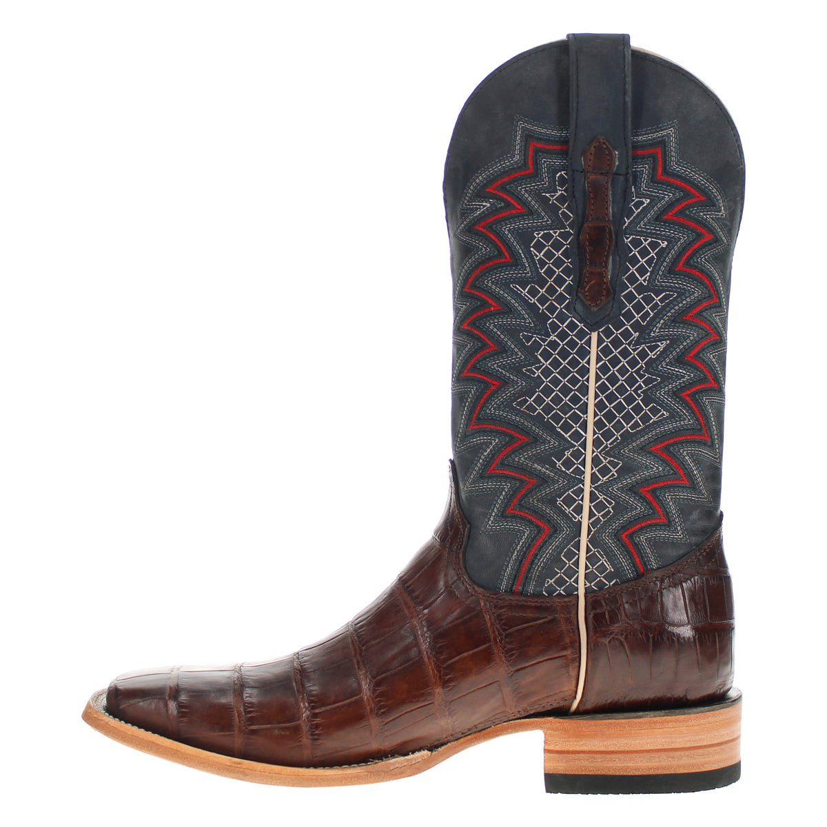 Navarro western boots, dark suede shaft with red trim embroidery, brown leather scalloped heel