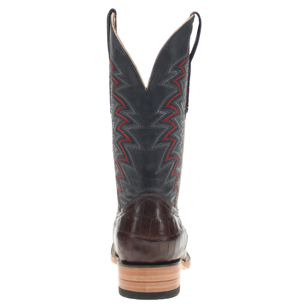 Navarro western boots with dark suede shaft, red/gray embroidery, brown leather heel