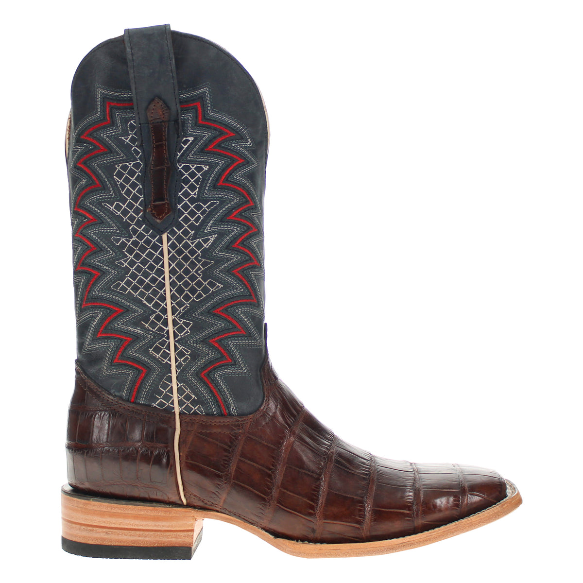 Navarro western boots, dark suede quarters with red trim embroidery, brown crocodile leather