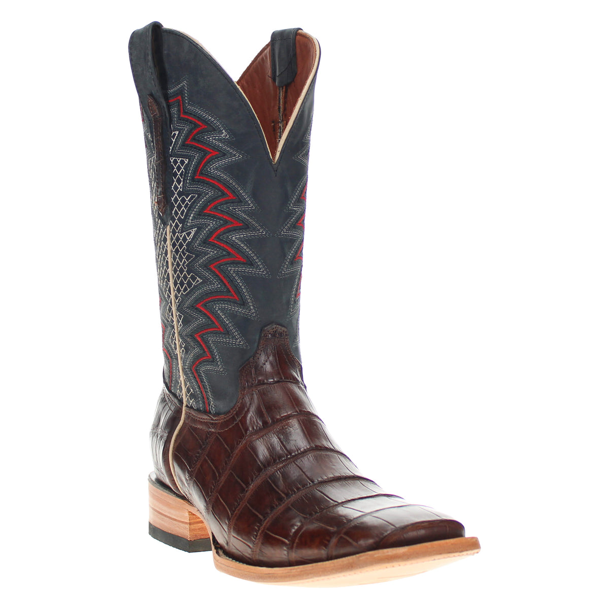 Navarro western boot, dark suede shaft with red/gray stitchwork, brown leather foot