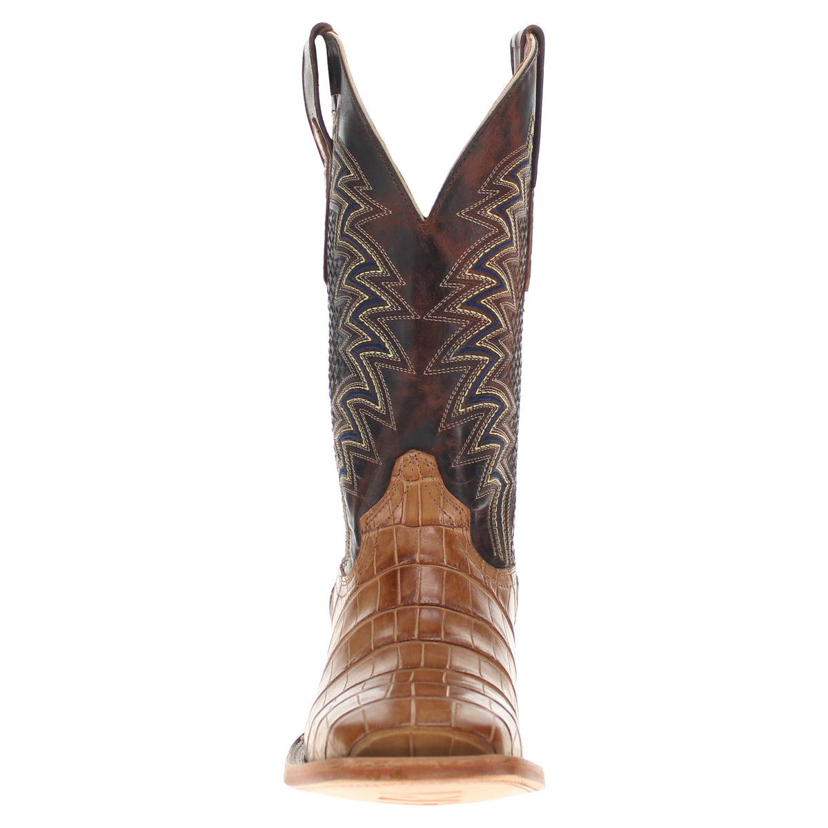 Brown and tan western cowboy boot with tall shaft and zigzag stitched panel