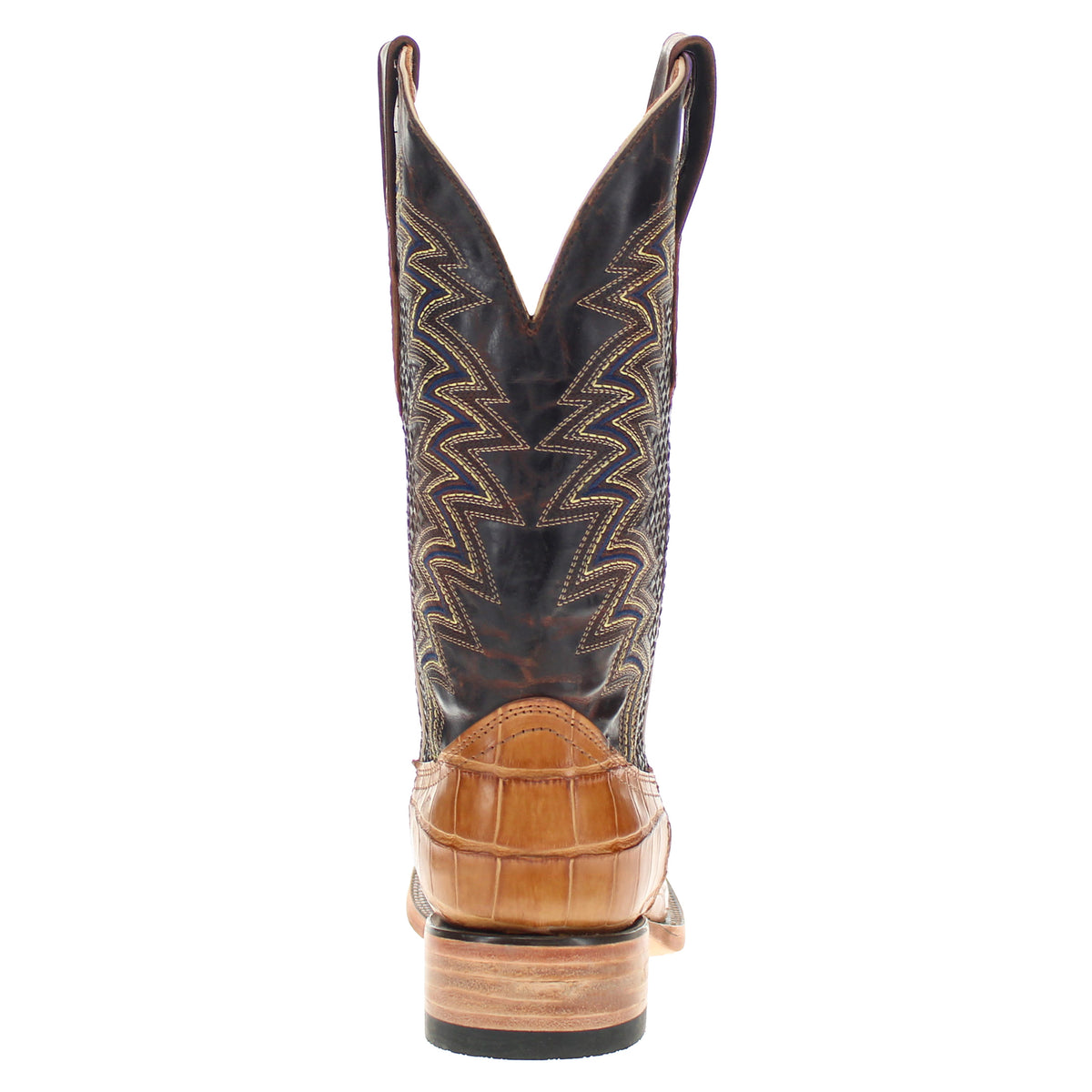 Western cowboy boot side view with tan croc foot and dark brown zigzag shaft