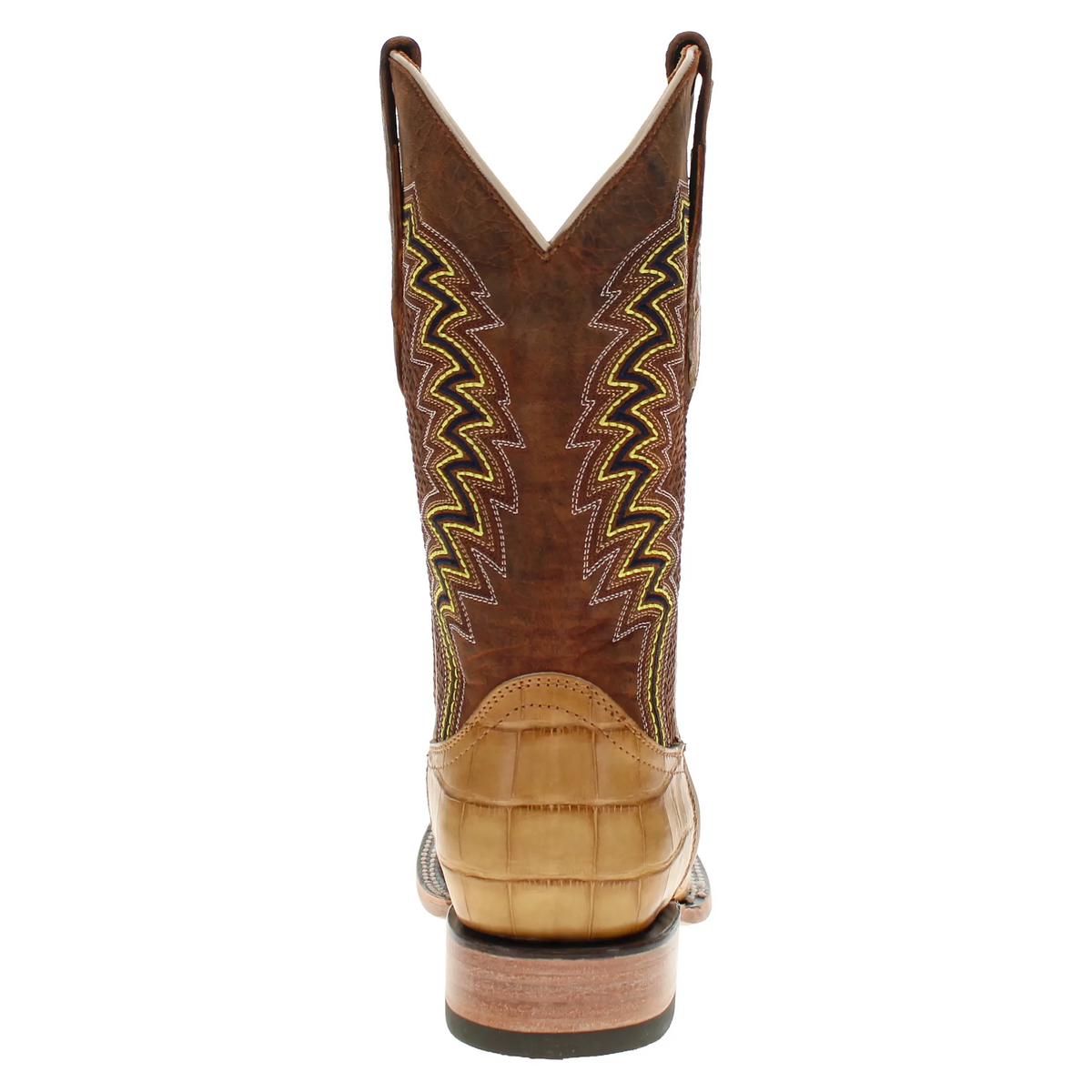 Navarro western cowboy boot, dark brown shaft with zigzag yellow stitching, tan top