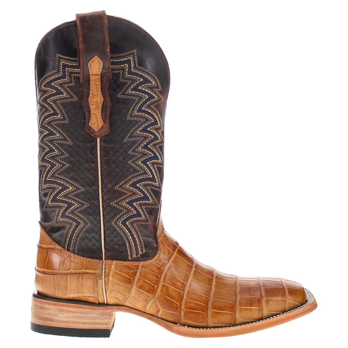 Western cowboy boot with dark brown zigzag shaft and tan croc-embossed leather foot