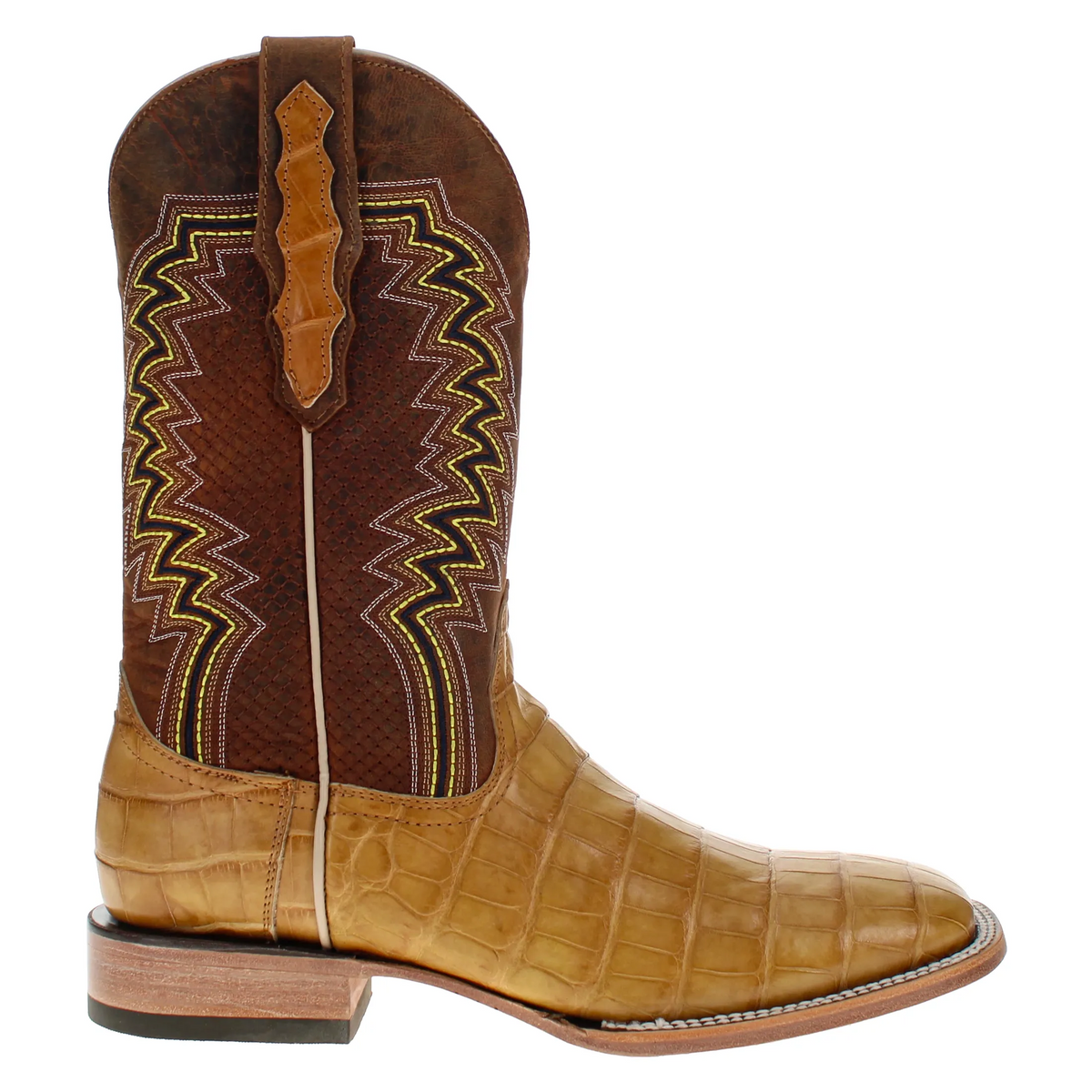Western cowboy boot with dark brown rounded shaft, tan vertical pull strap