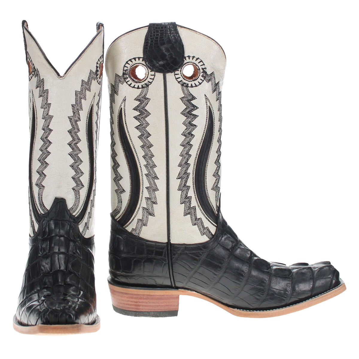 Two tall cowboy boots in light chevron and black crocodile texture with tan heels