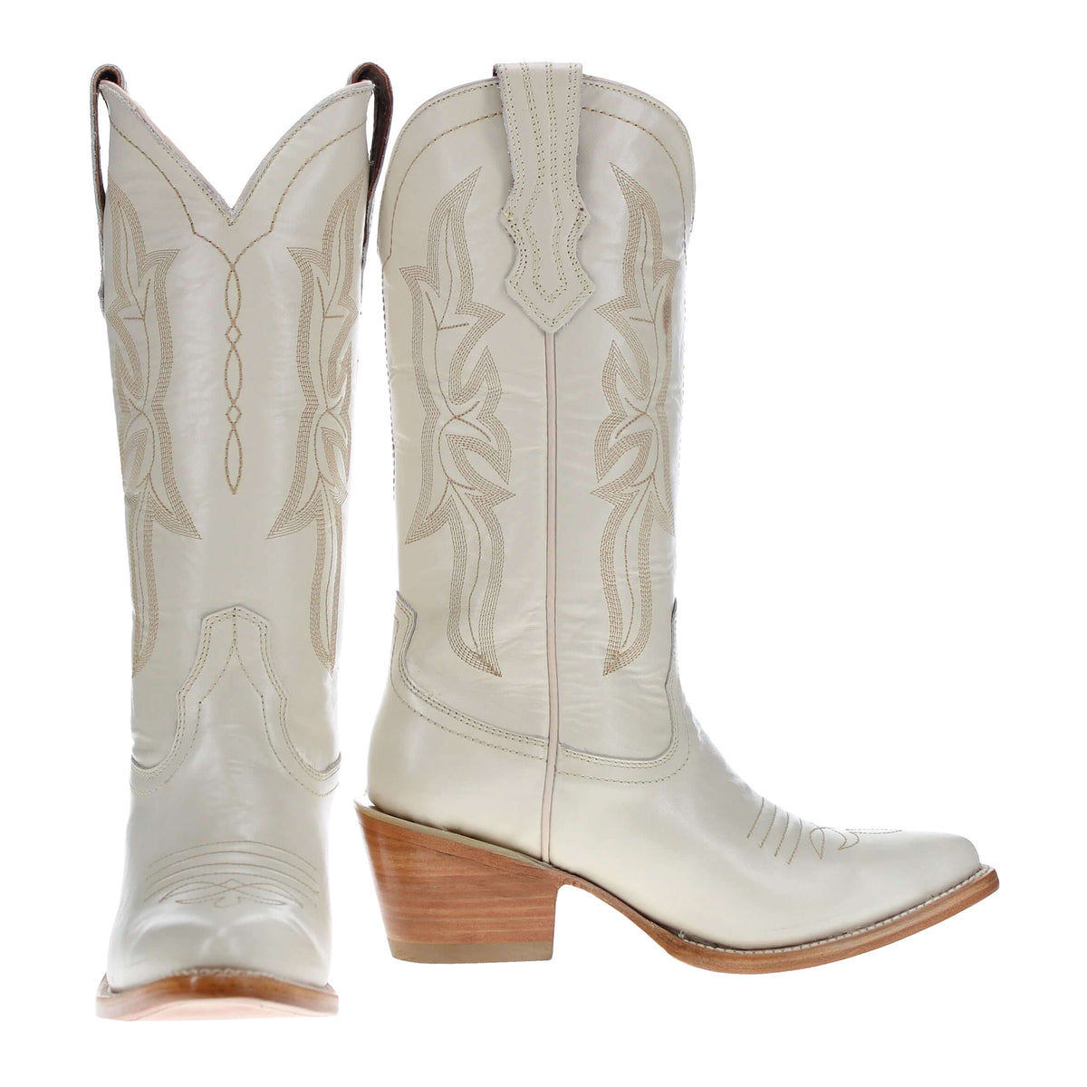 Quinn cream cowboy boots with ornate side embroidery and stacked heel