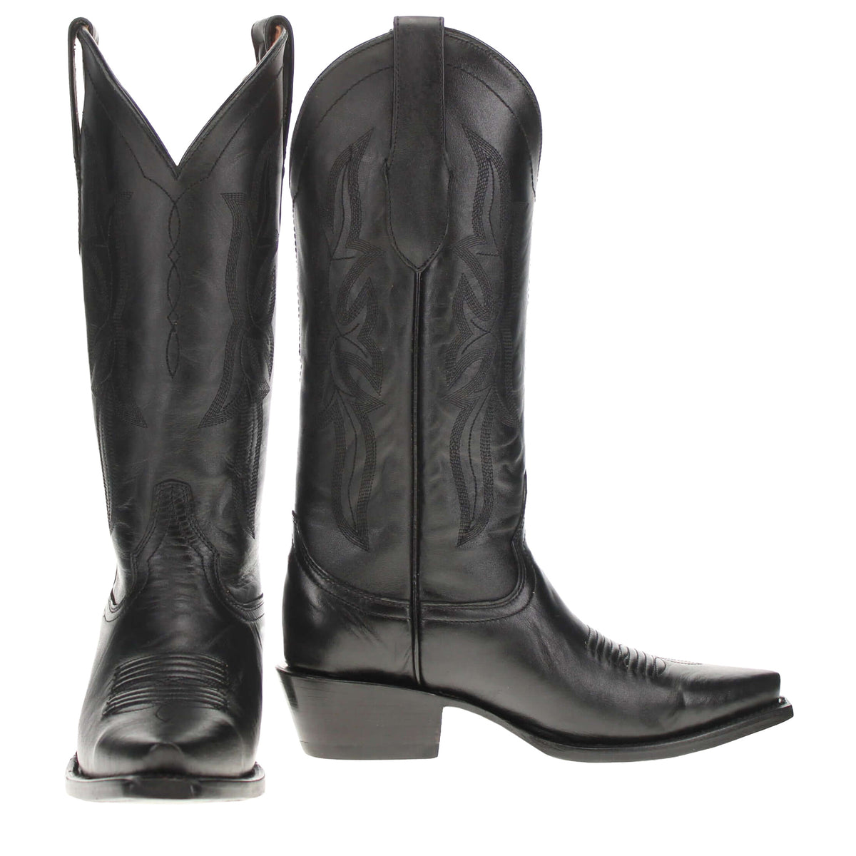 Black cowboy boots with pointed toe and stacked heel, pull-on