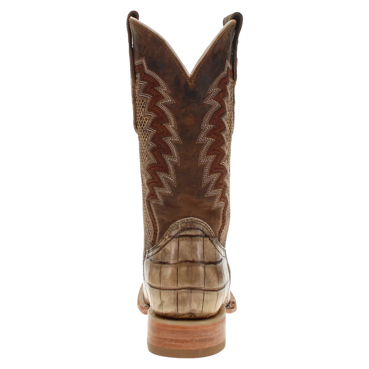 Back view of brown cowboy boot with rounded heel and stitched shaft panels