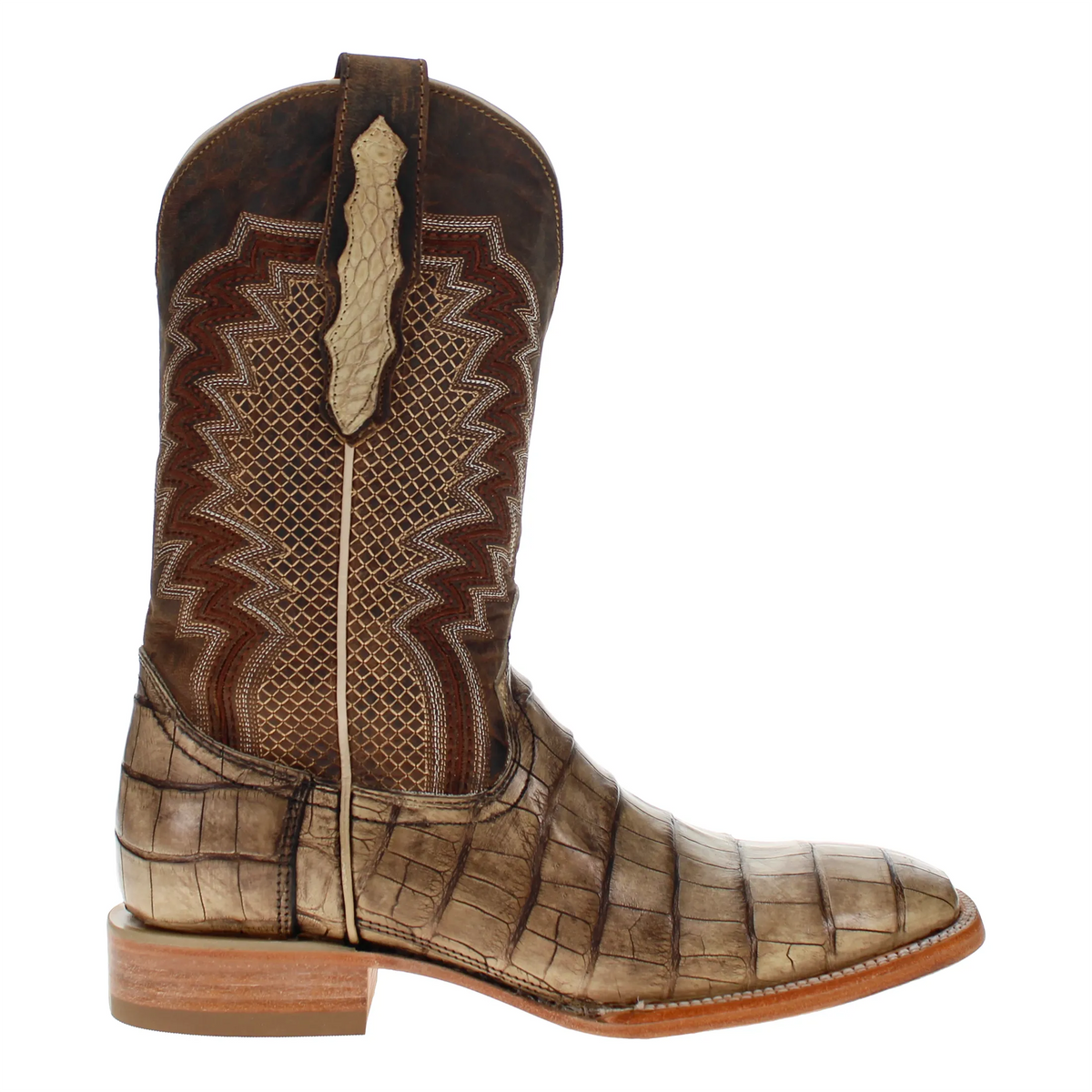 Side view of brown cowboy boot with tan foot and detailed pull-on panel