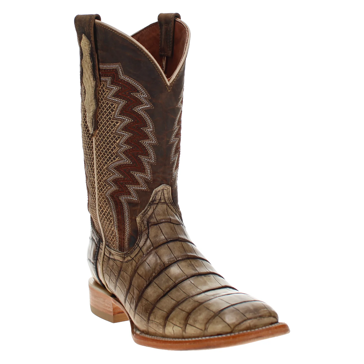 Side view of tan cowboy boot with western embroidery and low stacked heel