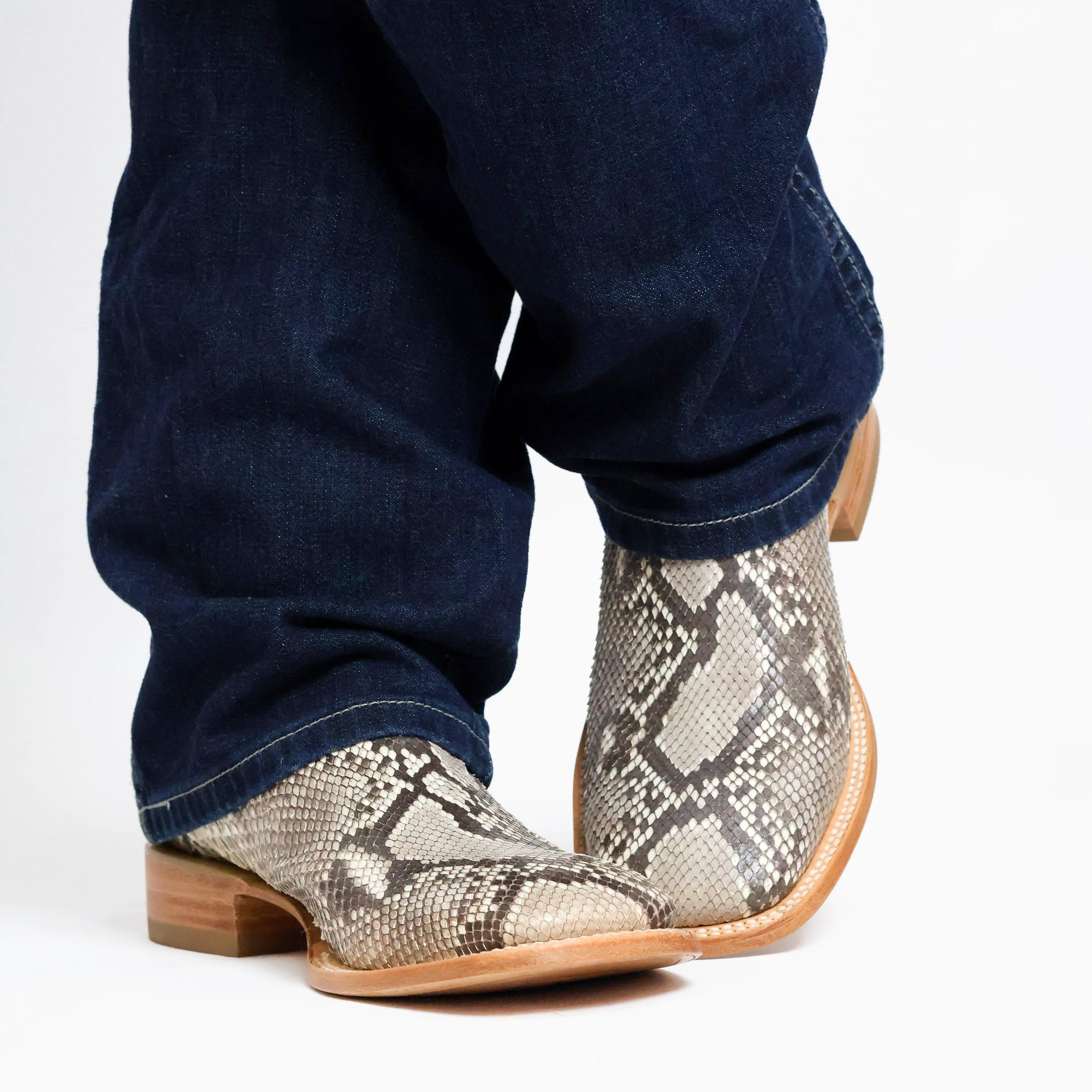 Men's Natural Python Square Toe Cowboy Boots with Inlays Walker by Vaccari