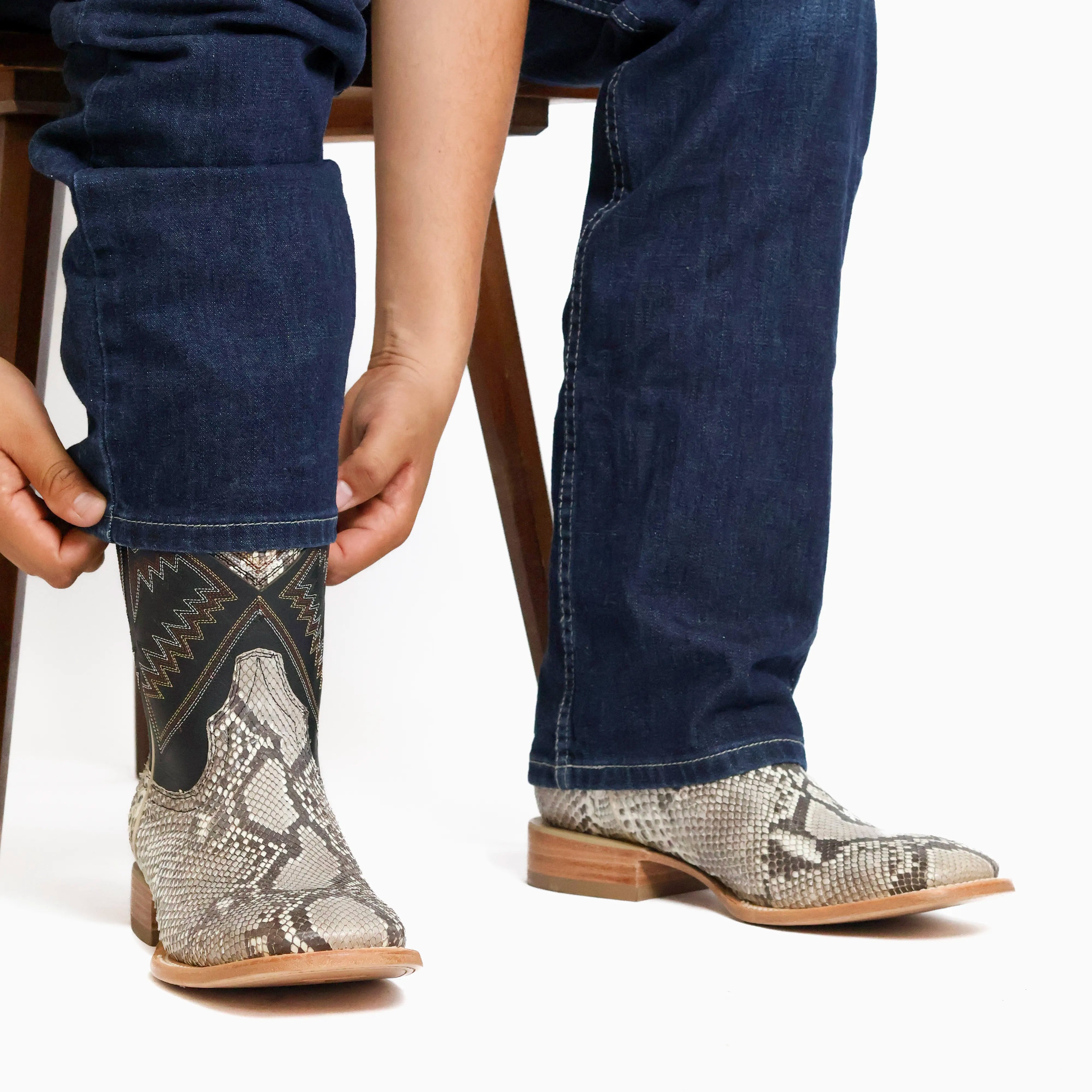 Men's Natural Python Square Toe Cowboy Boots with Inlays Walker by Vaccari