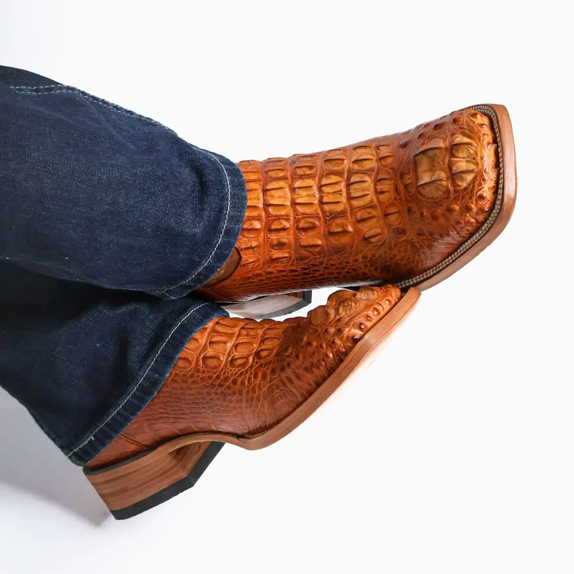 Men's Cognac American Alligator Headcut Broad Square Toe Boots Zane by Vaccari