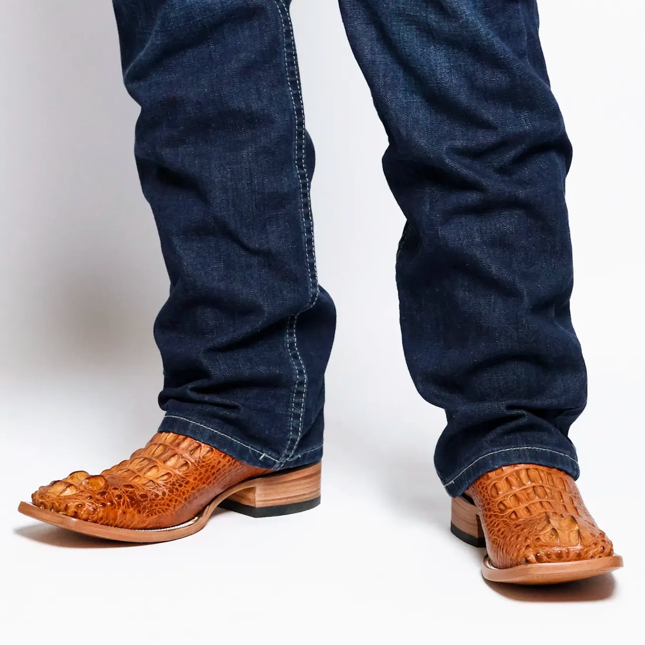 Men's Cognac American Alligator Headcut Broad Square Toe Boots Zane by Vaccari