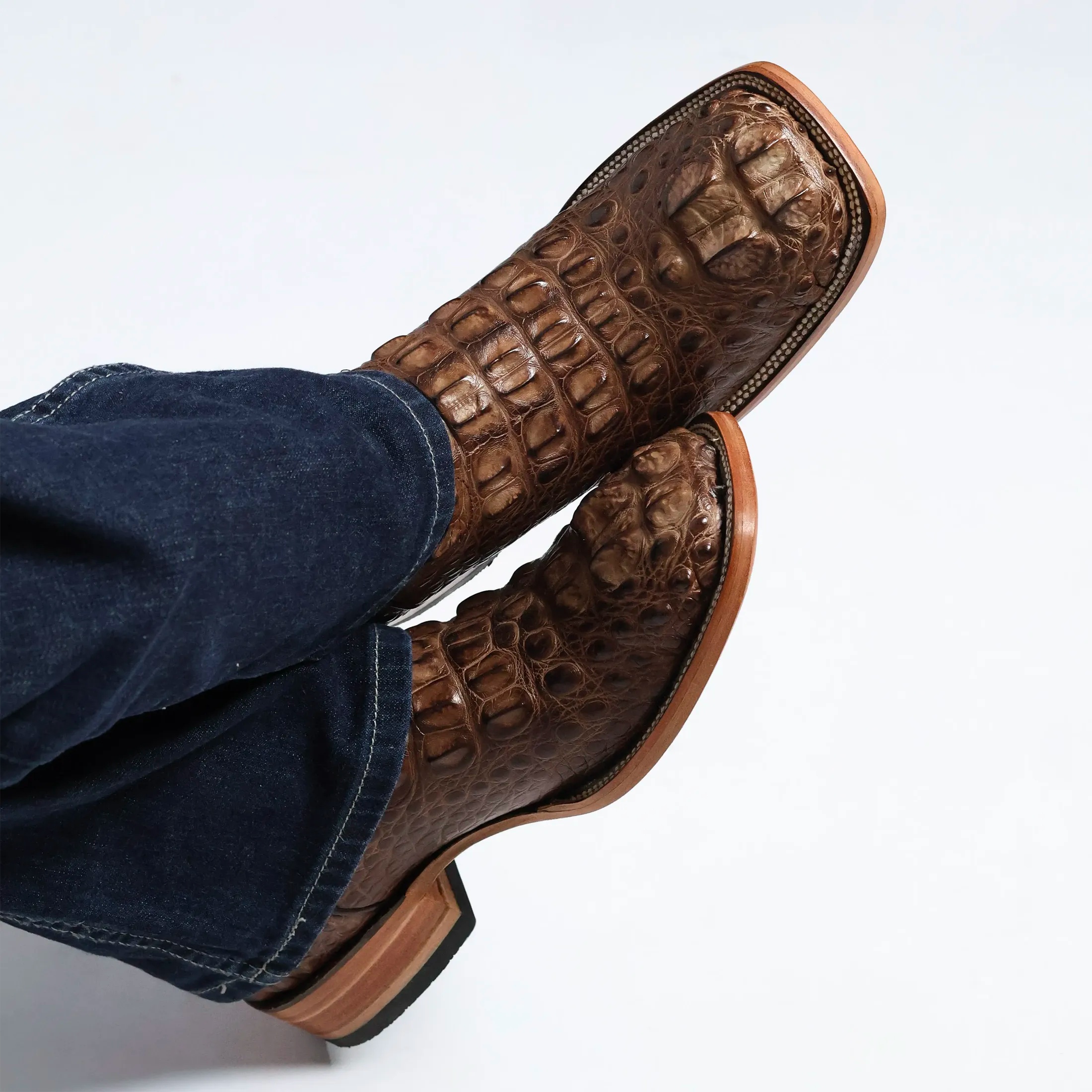 Men's Mocha American Alligator Headcut Broad Square Toe Boots Zane by Vaccari