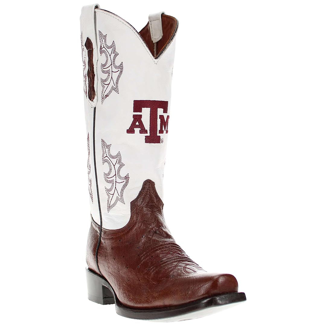 Men's Texas A&M Mocha Smooth Ostrich Cowboy Boots Brooks by Vaccari University