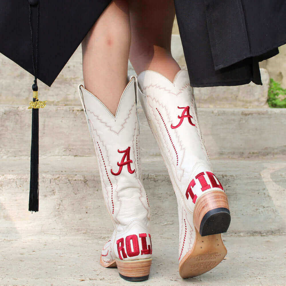 Women's University of Alabama Cowgirl Boots Bone Leather Snip Toe Boots by Vaccari