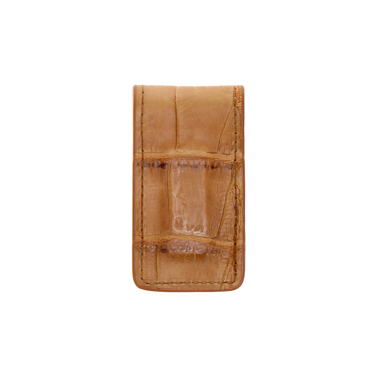 Tan alligator-embossed leather money clip holder with stitched edges