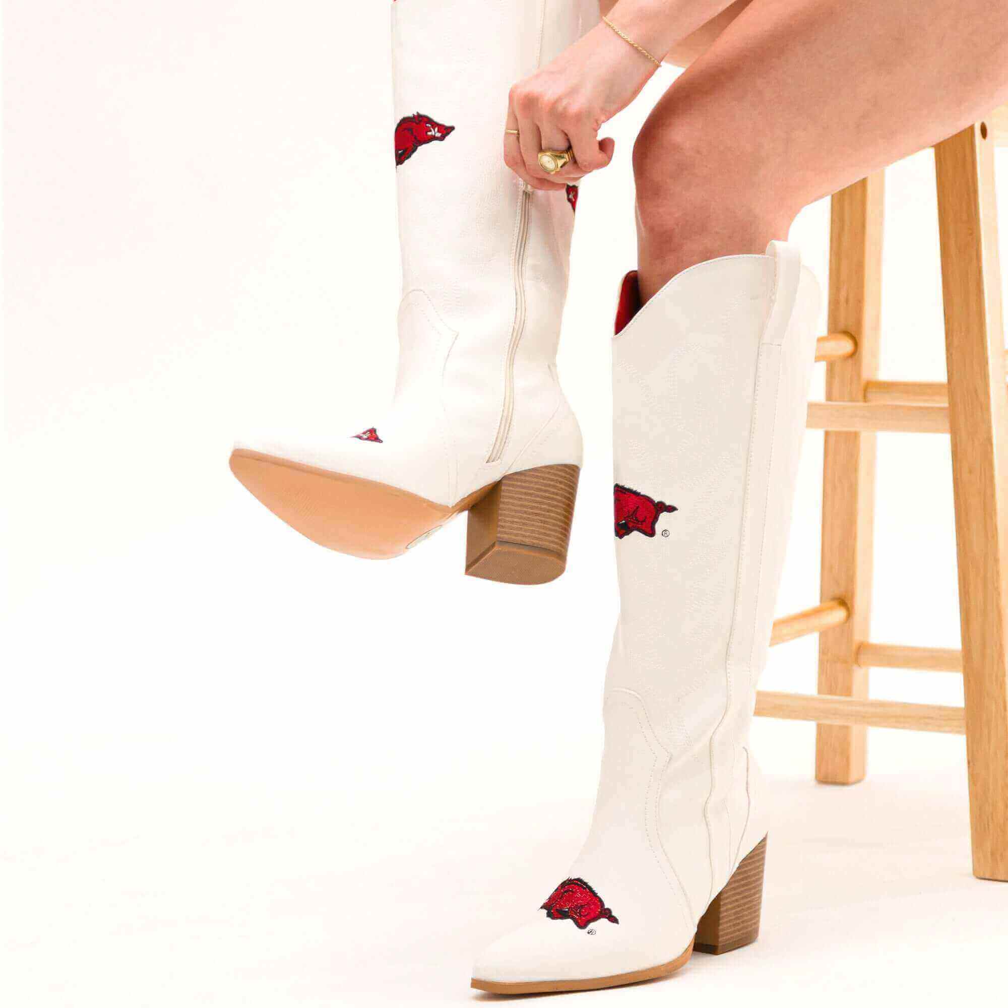 Women's University of Arkansas Tall White Cowgirl Boots Blair V by Vaccari