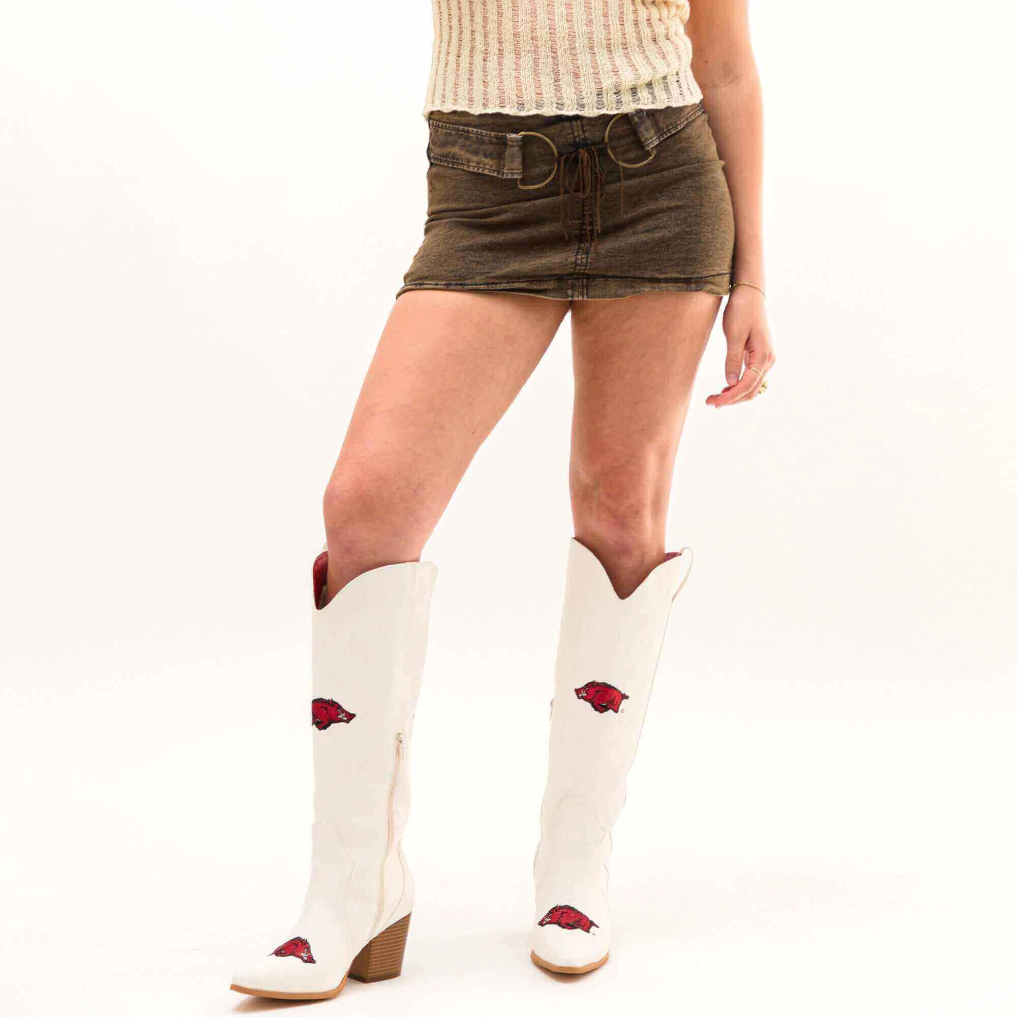 Women's University of Arkansas Tall White Cowgirl Boots Blair V by Vaccari