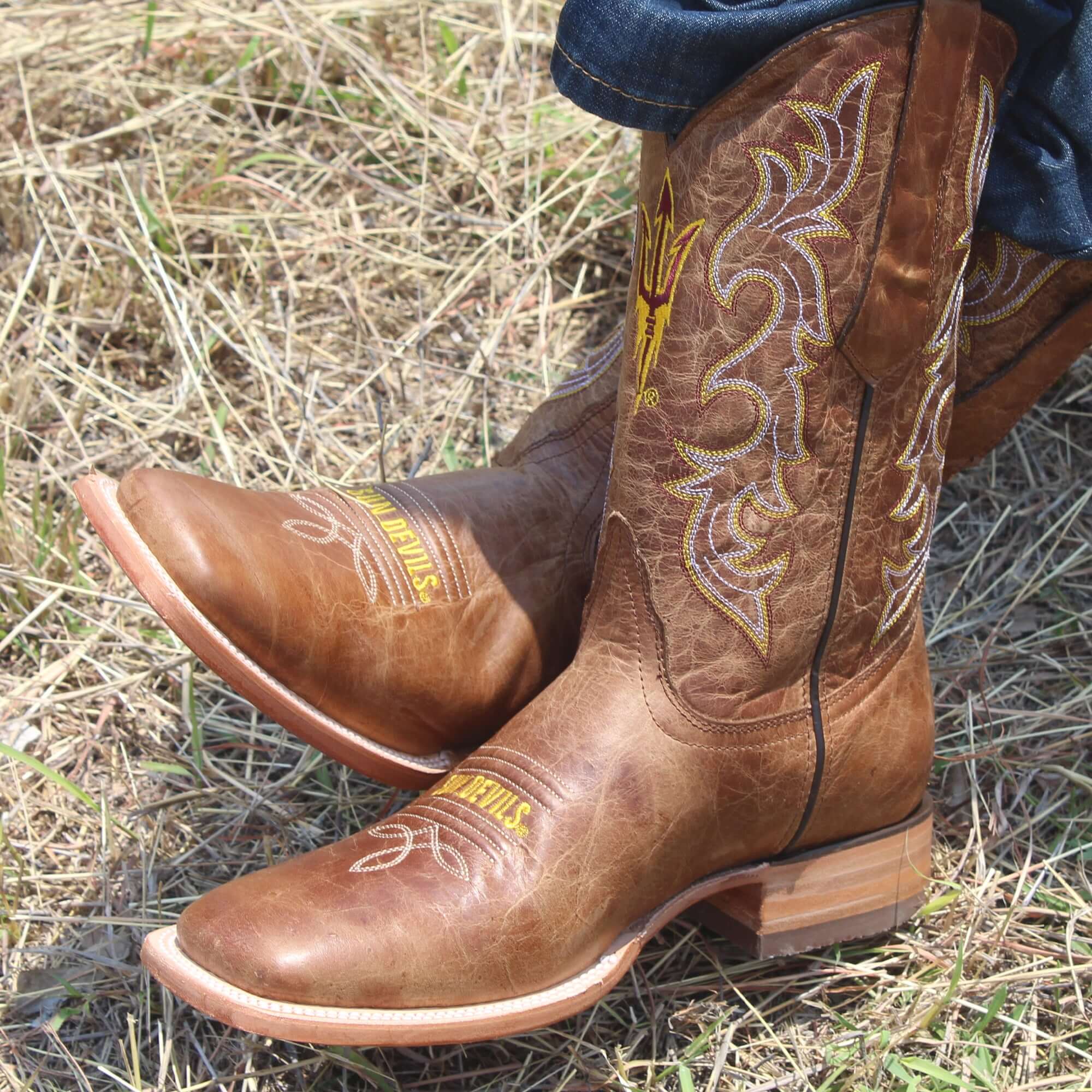 Men's Arizona State University Sundevils Tan Leather Square Toe Cowboy Boots by Vaccari