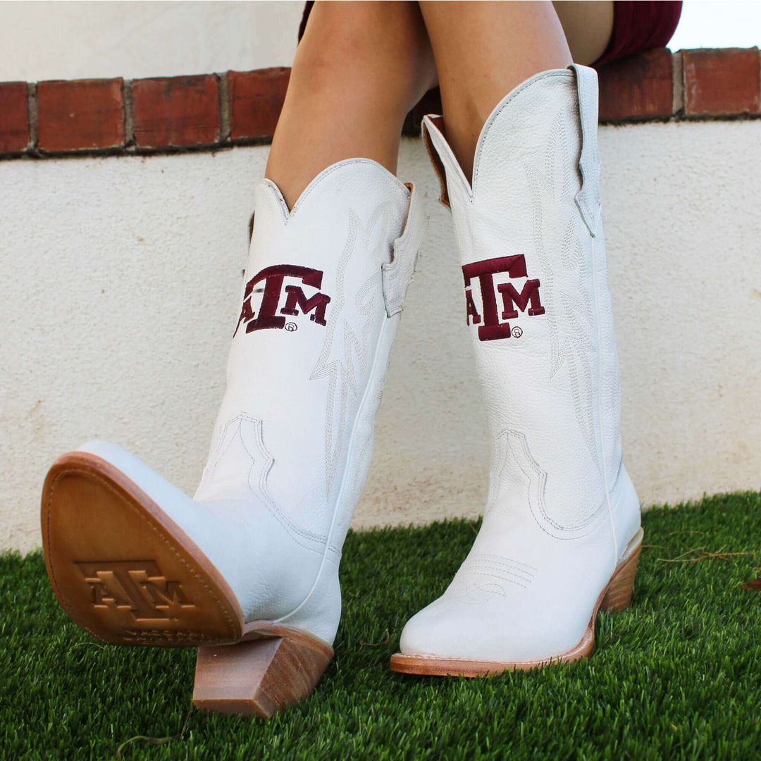 Women's Texas A&M Aggies All White Pointed Toe Cowgirl Boots Leighton Vaccari University