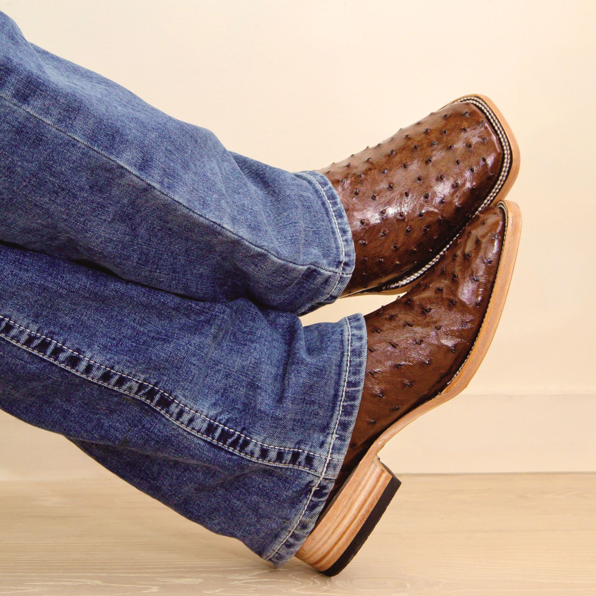 Mens Vaccari Mocha Full Quill Ostrich Broad Square Toe Boots